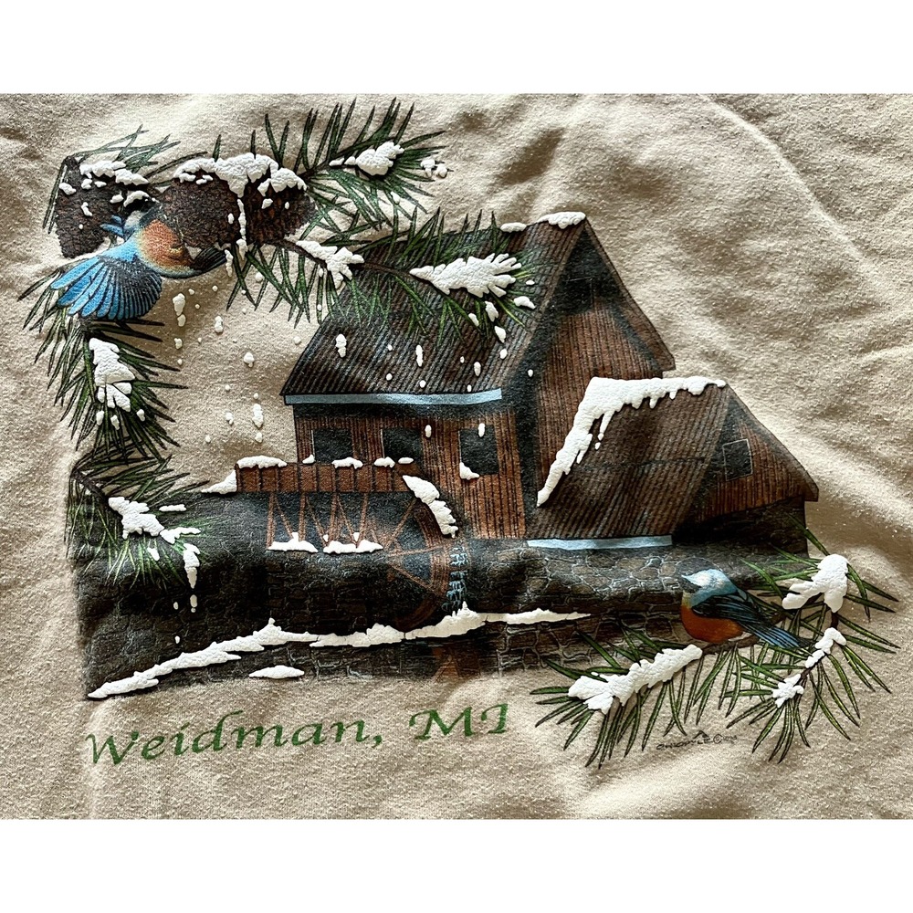 Vintage Hanes Weidman Michigan Winter Cabin Sweatshirt Tan XL Water Mill Birds